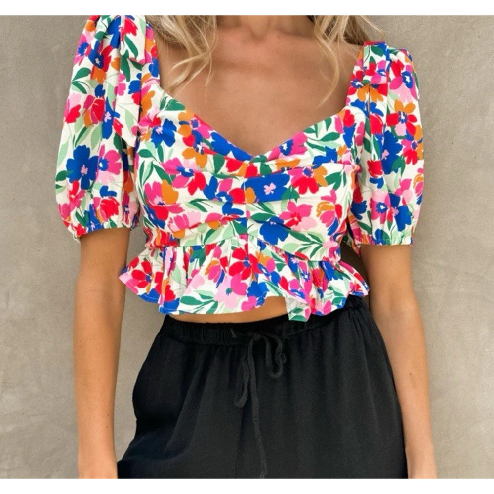 NWT Altar'd State Floral Puff Sleeve Crop Top Shirt Women's Size Small S
